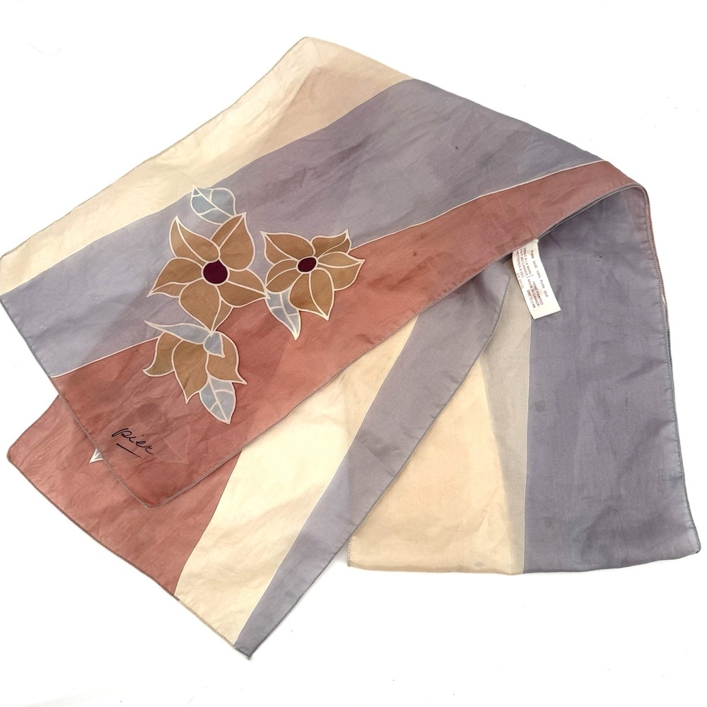 Pier Silk Scarf Canadian Vtg 70s Hand Painted Pink Blue Cream Floral 52"